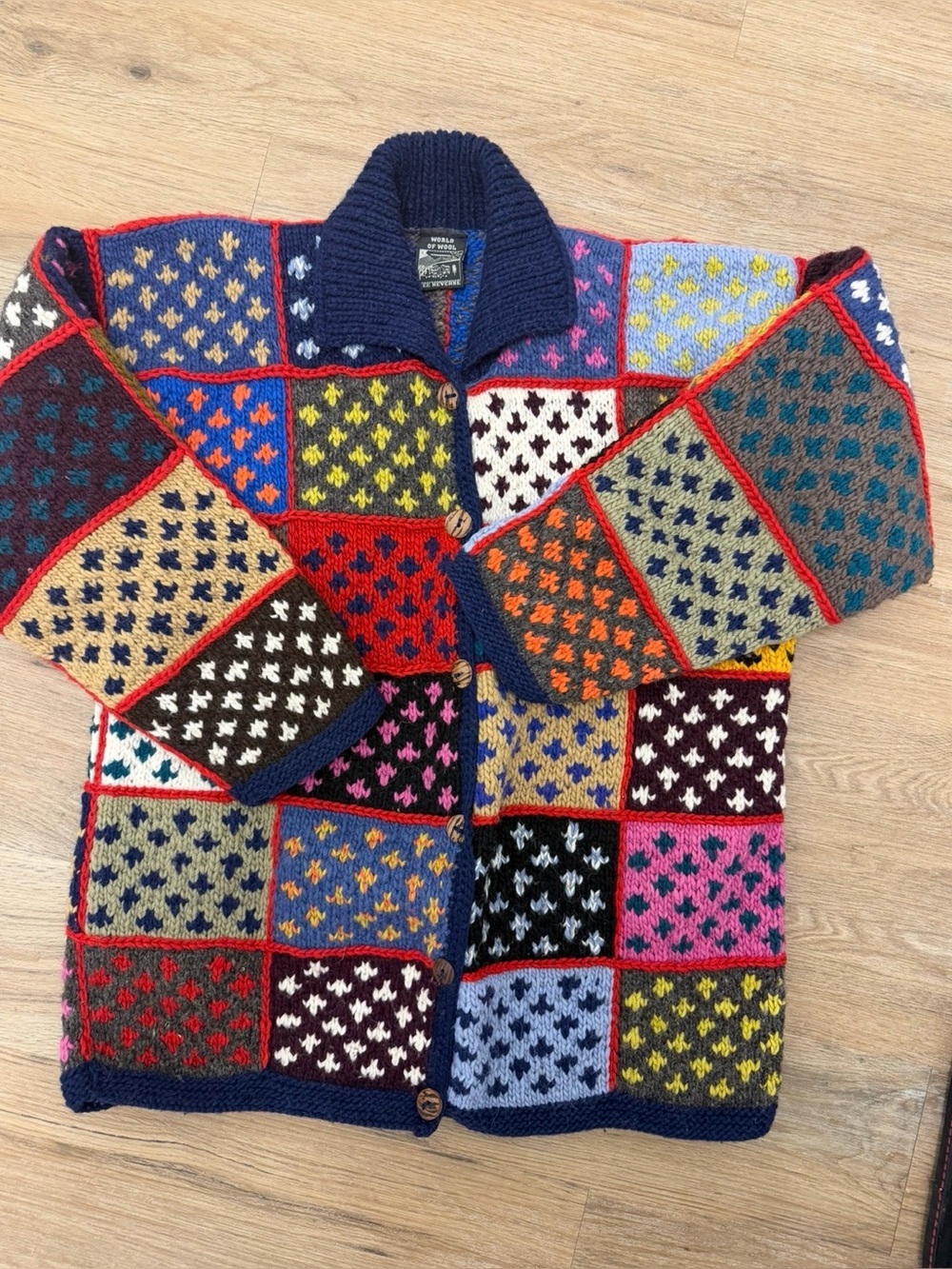 VTG World of Wool handknit Patchwork sweater- Size L